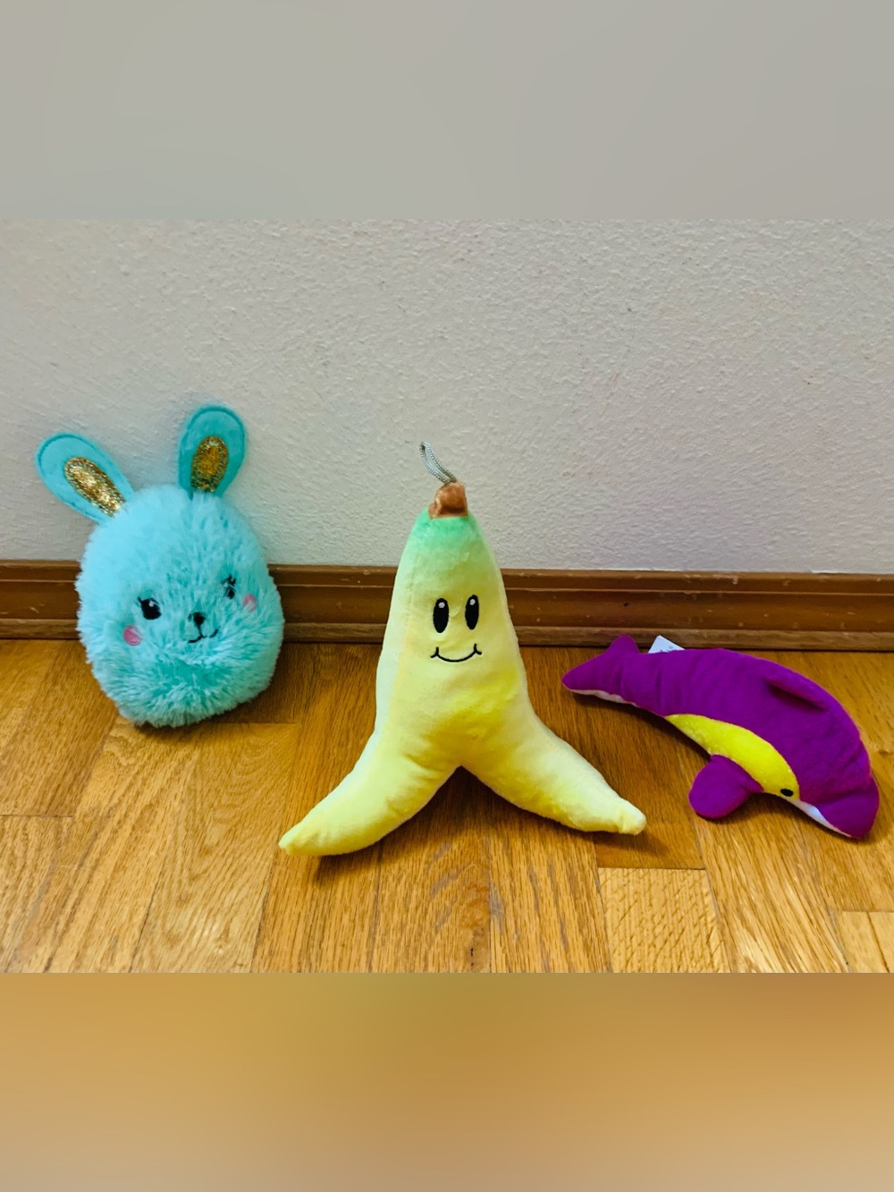 Plush Toy Lot - Nintendo Mario Kart Banana, Fluffy Blue Bunny & Purple Dolphin